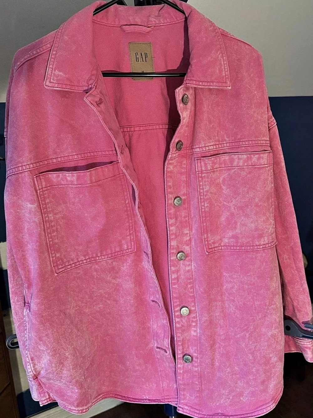 GAP Womens M Pink Acid Wash Denim Shacket Oversized Shirt Jacket 100% Cotton